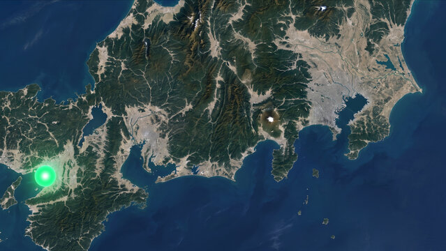 地球衛星軌道から見る大阪都市圏に光子が佇む中部・近畿地方の背景