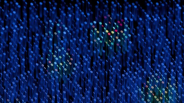 dynamic 3d computer code motion sequence with numbers continuously changing positions and vibrant random lights for algorithmic processing and cryptographic hash function display