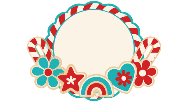 Round scalloped Christmas badge with red and white candy cane striped rim framed by retro 70s iced sugar cookies flowers star rainbow and heart with blank center for text vintage holiday label