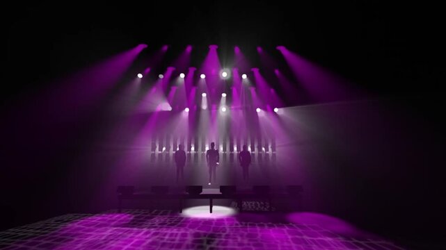 Dramatic stage lighting beams sweeping across a dark concert venue with silhouetted performers, purple spotlights, haze, and illuminated patterned floor in a nightclub setting