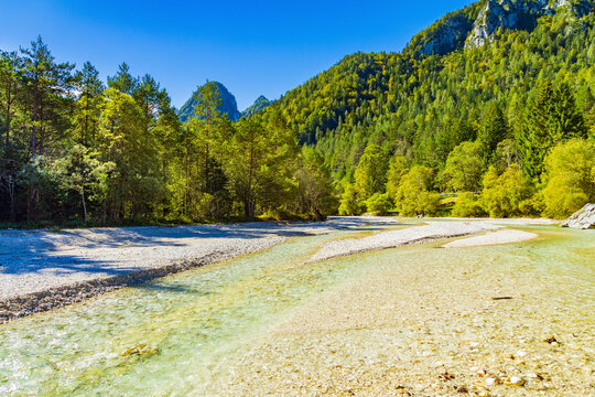 Pisnica River near Kranjska Gora, Slovenia &ndash; Clear Alpine River and Forested Julian Alps