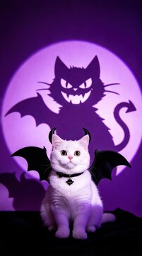 Cute white domestic cat in halloween devil costume with black horns and bat wings against purple moon silhouette background funny festive halloween pet concept
