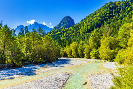 Pisnica River near Kranjska Gora, Slovenia &ndash; Clear Alpine River and Forested Julian Alps