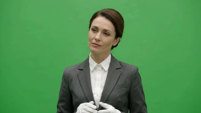 Museum curator in white gloves nodding thoughtfully on green screen