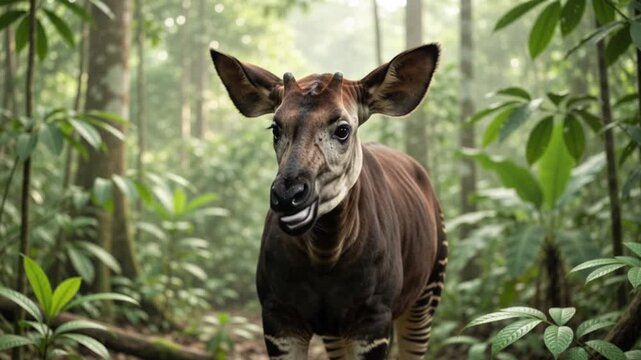 Cinematic Portrait of an Okapi Standing in the Congo Rainforest with Zebra Striped Legs and Velvety Brown Fur