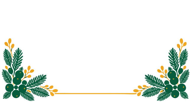Festive Christmas bottom border with matching chunky cut-out corner ornaments of green fir sprigs and juniper berries linked by thin gold line on white background for holiday cards design