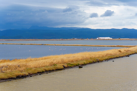Expansive salt pans in Lesbos Greece feature golden grasses and calm water under a dramatic cloudy sky while distant mountains frame this industrial landscape.