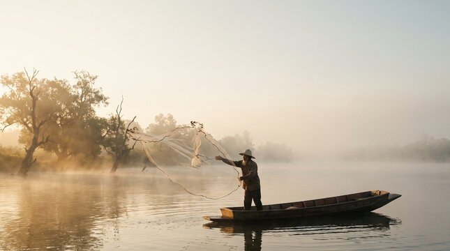 Traditional fisherman casting a net from a wooden boat in a misty river at sunrise