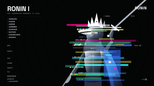 Abstract futuristic ronin warrior illustration with glitch aesthetic and digital data stream visual style.