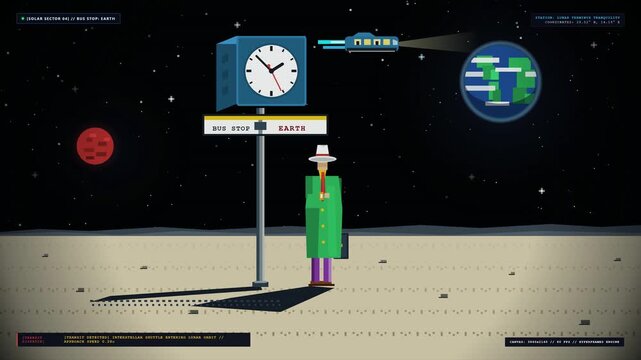 Surreal digital illustration of a man waiting for a bus on the moon.