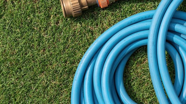 Coiled blue garden watering hose with brass connector lying on green grass lawn representing gardening tools and outdoor yard maintenance work