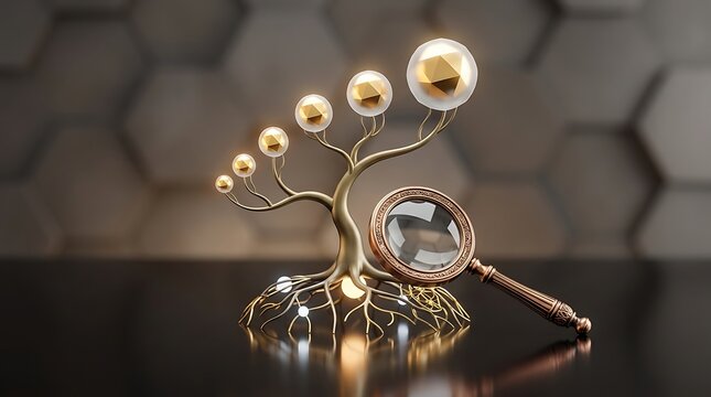 Abstract golden tree growing with glowing geometric orbs next to a vintage magnifying glass on a reflective surface, symbolizing financial analysis, wealth growth research, and investment discovery.