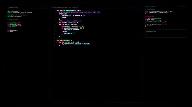 Abstract digital coding interface with colorful syntax highlighting on a black dark background.