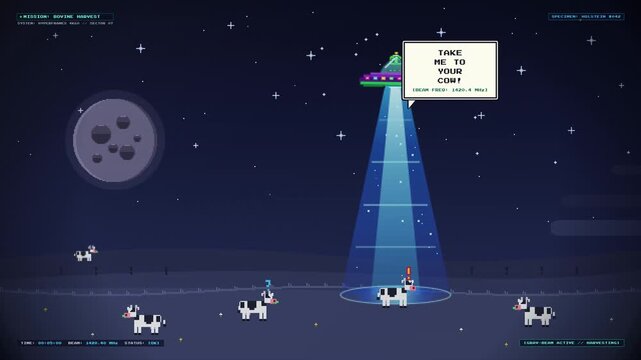 Pixel art scene of an alien spaceship abducting a cow at night.
