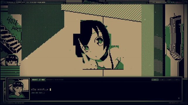 Retro pixel art interface featuring stylized anime character portrait in dark green aesthetic.