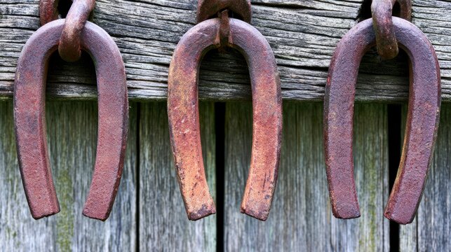 Two old wooden ox yokes with rusted iron rings against plank wall, agricultural heritage concept