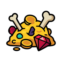 Colorful Pile of Treasure Including Gold Coins Gems and Bones on a Dark Background © Nana