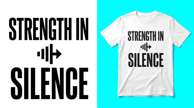 T-Shirts Displaying the Phrase 'Strength in Silence' with a Graphic Element. Bold Typography Design on a White Garment Mockup.
