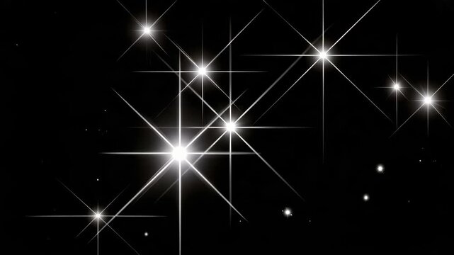Bright white sparkling starburst lights with glowing lens flare and sharp radiant rays on a pure black background, elegant shimmering light effects for festive decoration and abstract design