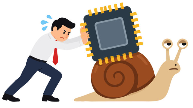 A sweating businessman in office attire pushing hard on a giant microchip mounted on a slow moving snail symbolizing slow technology, lagging progress and digital frustration concept in business