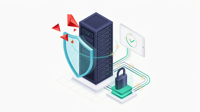 Isometric illustration of a server tower protected by a digital shield for data security and cyber protection