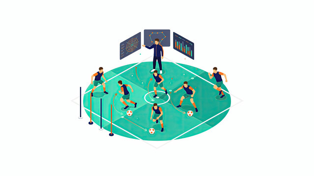 Isometric illustration of a soccer team training on the field with a coach giving instructions
