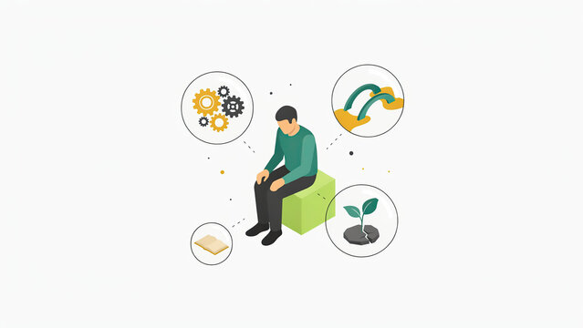 Isometric illustration of a thoughtful person surrounded by conceptual icons representing knowledge and personal growth