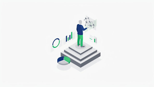 Isometric illustration of business analyst standing on platform reviewing data charts and financial metrics project
