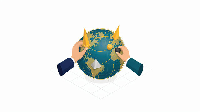 Isometric illustration of business hands managing global logistics and strategic supply chain operations on earth