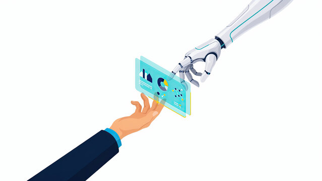 Isometric illustration of robot arm and human hand interacting with digital data interface dashboard display