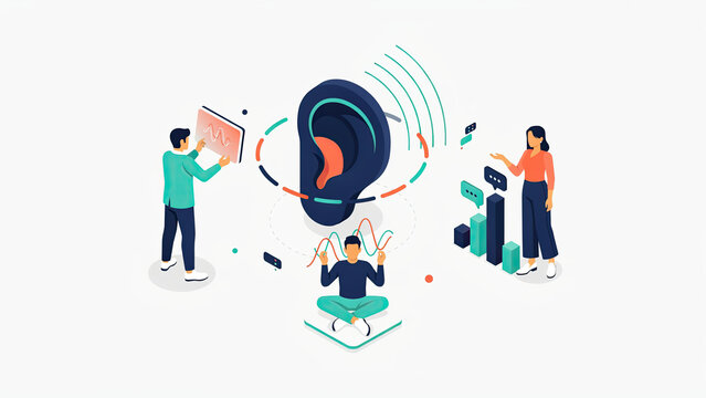 Isometric illustration of people interacting with large human ear concept and digital sound wave analytics