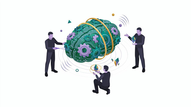 Isometric illustration of three people interacting with a glowing brain made of mechanical gear components