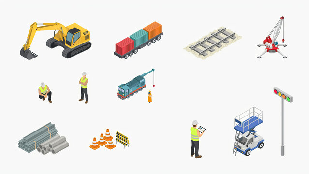 Isometric set of construction site elements with heavy machinery and professional workers in safety gear