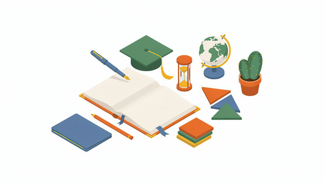 Isometric vector collection of education and school supplies with open notebook and graduation cap elements