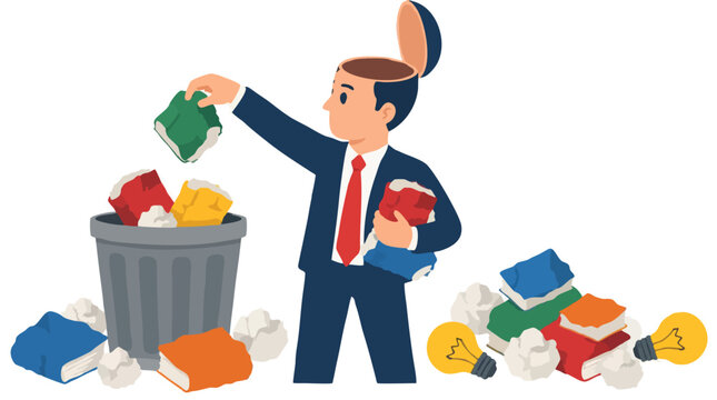 Businessman with open empty head throwing crumpled books into trash bin surrounded by discarded books, crumpled paper and lightbulbs symbolizing forgotten knowledge, failed ideas and mental burnout