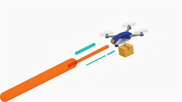 Isometric vector graphic of a delivery drone carrying a parcel flying quickly through the air