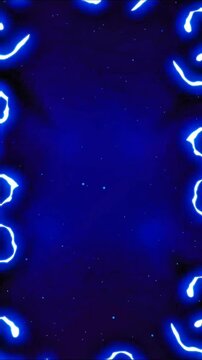 Striking blue lightning energy bursts glowing bright against deep violet cosmic background, framed by luminous curved electric borders