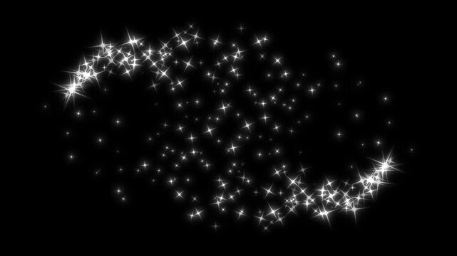 Luminous white star glitter sparkle dust curving line path and glittering through dark space creating enchanting magical effect. Pixie dust path, christmas stars, shining twinkle transition. 4k
