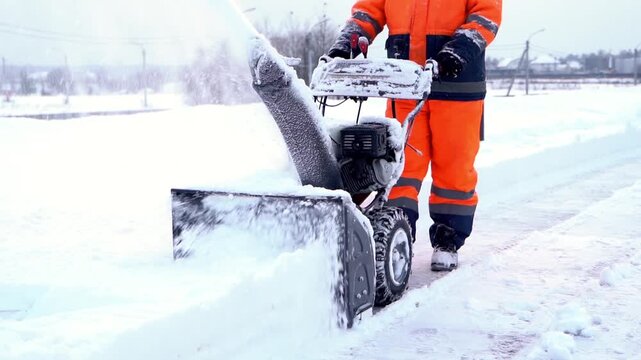 Worker clears snow with a powerful snowblower. Bright orange suit contrasts with white winter landscape. Snow blasts into air as machine grinds forward