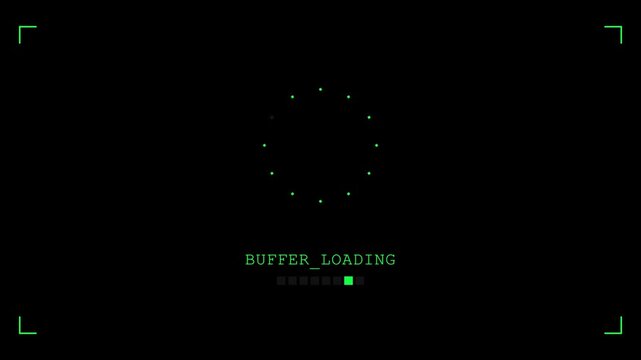 Digital buffer loading animation with green circular indicator on a dark background screen.