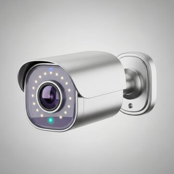 Silver security surveillance camera with led night vision lights on a neutral gray background