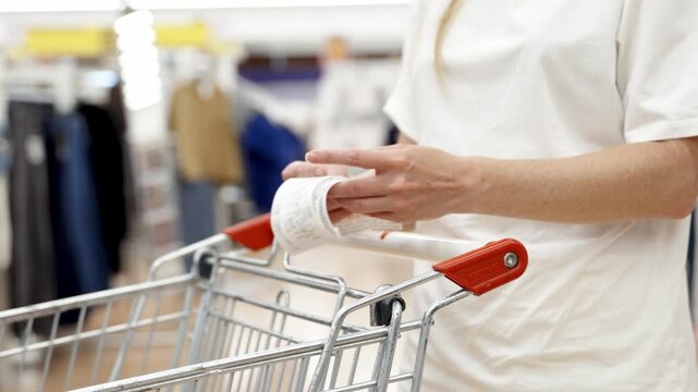Person holds receipt beside shopping cart. Hands steady, showing satisfaction after purchase. Retail setting suggests everyday consumer behavior. Ideal for budgeting, shopping, or retail advertising