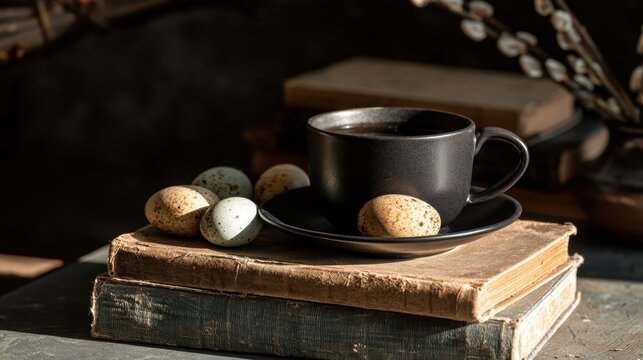 Vintage rustic still life with black coffee cup, speckled egg, old books and soft natural lighting on wooden table background