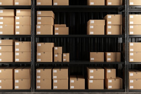 Black metal warehouse storage shelves filled with sealed brown cardboard boxes with blank shipping labels ready for delivery in logistics facility