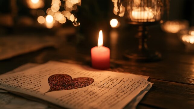 Romantic vintage letter with decorative heart symbol next to glowing candle flame on wooden table in dim warm light ambiance