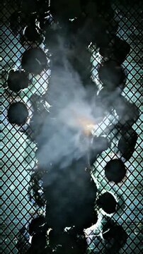 Dramatic shattering glass effect with bright sparks and smoke bursting through metal grid creating powerful dynamic visual impact