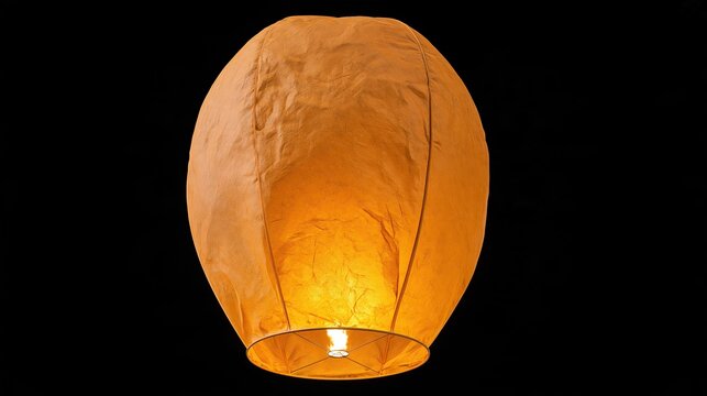 Single glowing orange paper sky lantern with burning fire inside ready for release isolated on pure solid black background for festive celebration concept