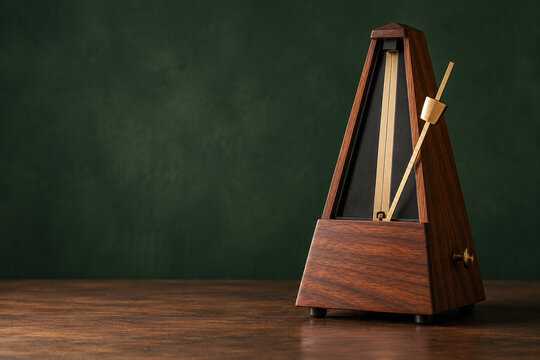Walnut mechanical metronome on a green background illustrates musical rhythm, patient practice and disciplined creative progress.