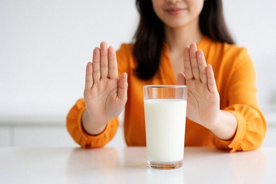 Young woman refuses glass of milk with hands up in stop gesture. Female person shows lactose intolerance dairy allergy. Person avoids unhealthy food, dairy products due to stomach ache digestive