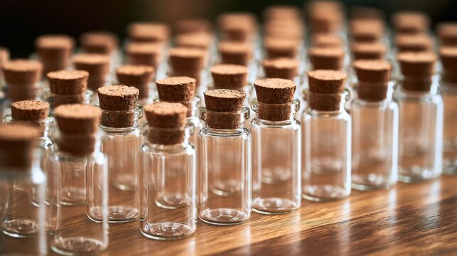 Close-up view of multiple small empty clear glass bottle with cork stopper arranged in rows on wooden surface with shallow depth of field background
